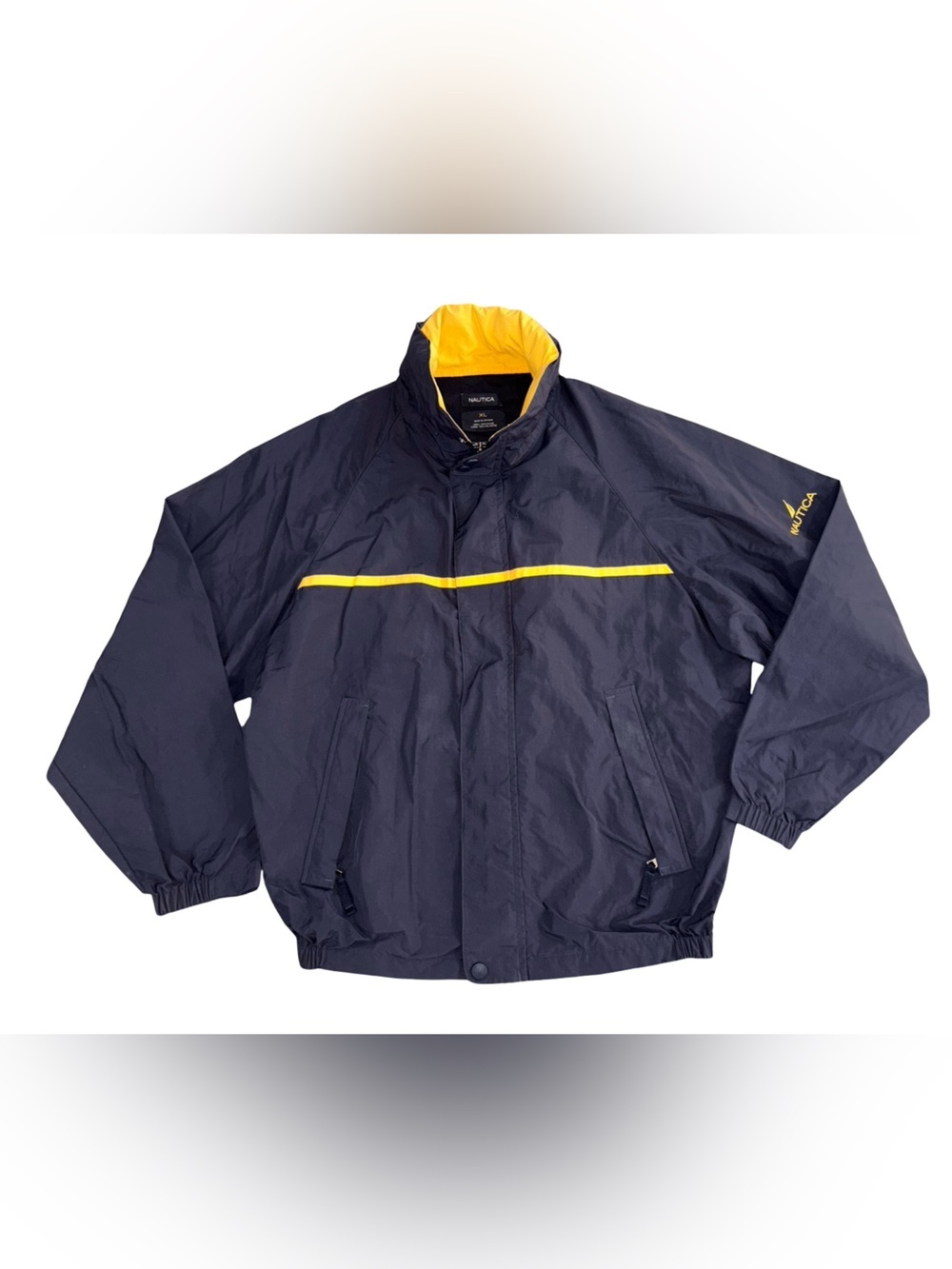 Nautica Hooded Windbreaker Rain Jacket Navy Yellow Mesh Lined XL